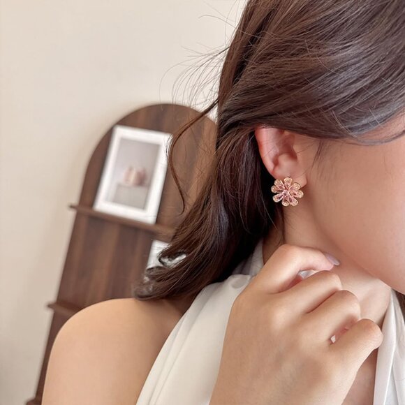 Luxury Pink CZ Flower Stud Earrings for Women in 925 Sterling Silver with Gold P - Picture 2 of 6